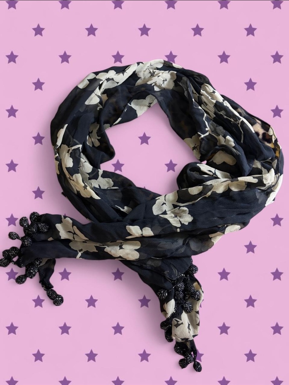 Black Floral Silk Scarf with Beaded Tassels
